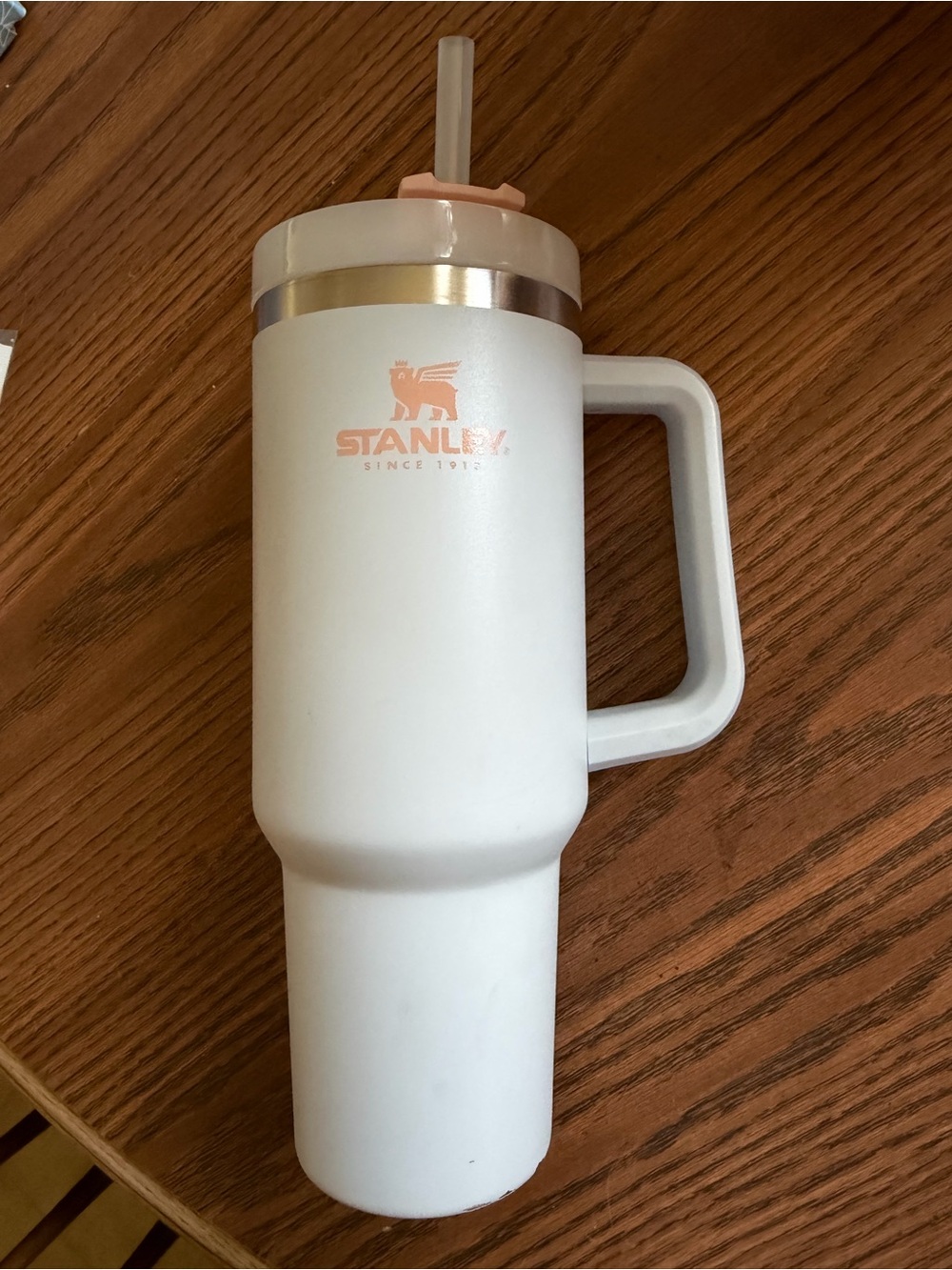 Stanley White Travel Tumbler with Handle and Pink Accents